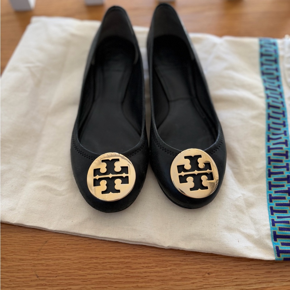 Tory Burch Black Flats with Gold Emblem